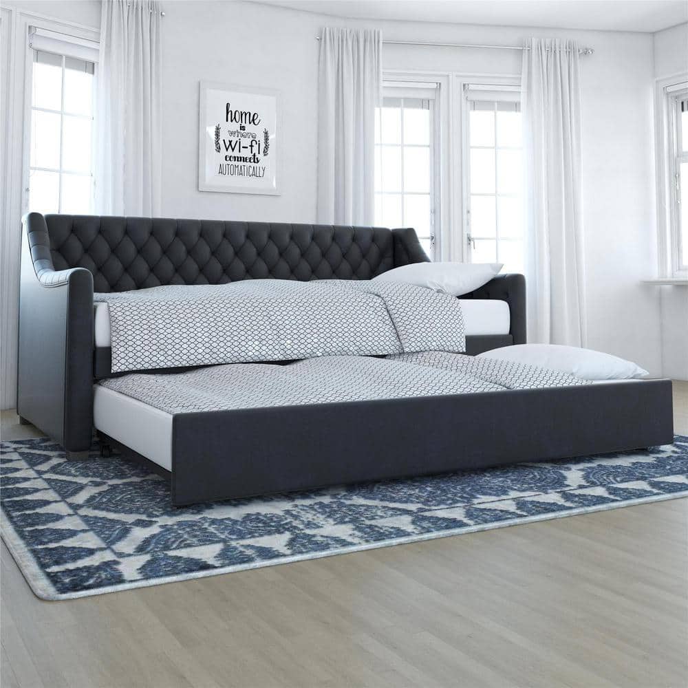 Navy Blue Velvet Twin Daybed with Trundle and Tufted Upholstery