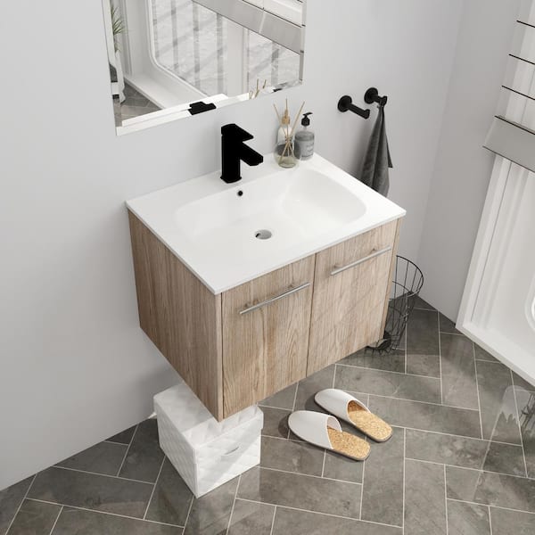 Staykiwi 24 in. W x 18 in. D x 18.5 in. H Single Sink Floating Bath Vanity in White Oak with White Resin Top