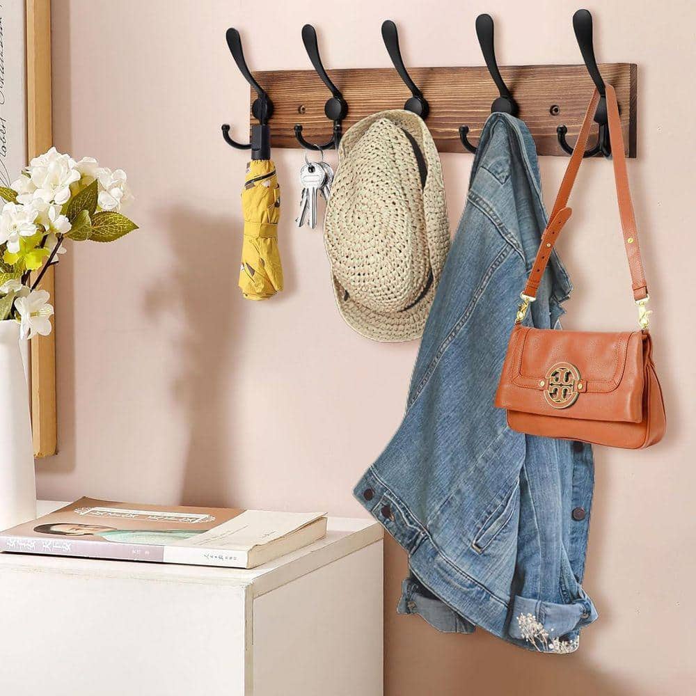 Coat Rack Wall Mount Wooden Hat Rack Pine Real Wood Plank Brown