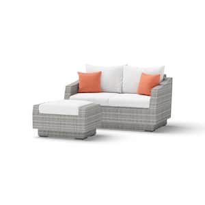 Cannes Wicker Outdoor Loveseat with Ottoman with Sunbrella Cast Coral Cushions