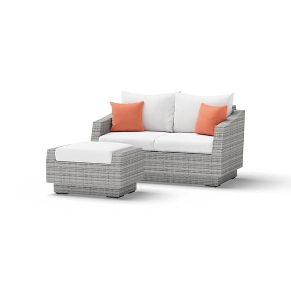 RST BRANDS Cannes Wicker Outdoor Loveseat with Ottoman with Sunbrella Cast Coral Cushions