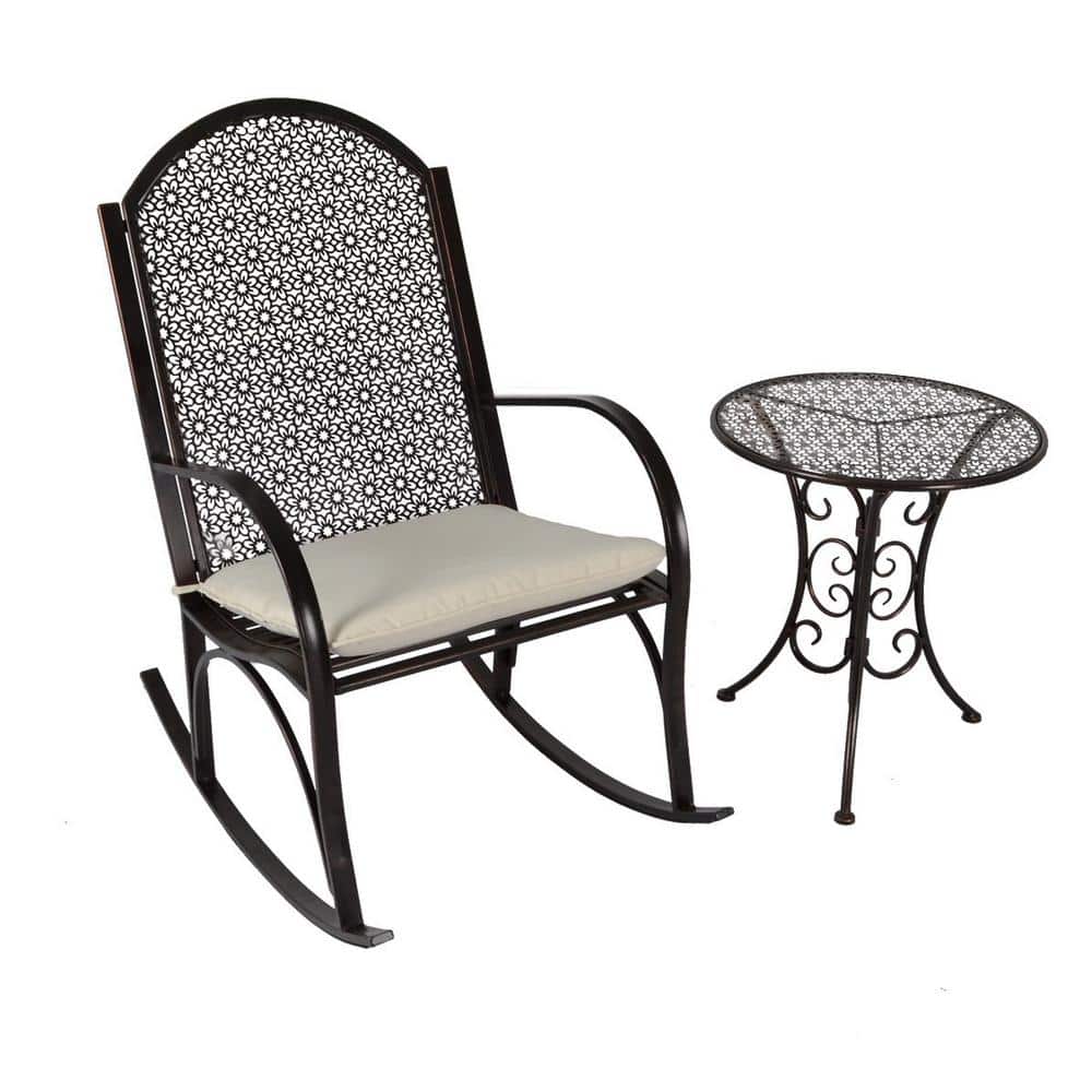 Garden Metal Outdoor Rocking Chair Set with Fade-Resistant Tan Cushion and 