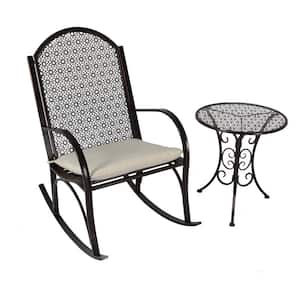 Metal Outdoor Rocking Chair with Tan Cushion and Side Table (2-Piece Set) (1 Rocking Chair, 1 Side Table)