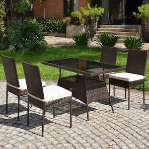 5-Piece Wicker Rectangular 29 in. Outdoor Dining Set Glass Table High Back Chair with White Cushion