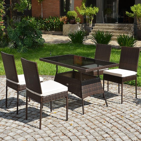 5-Piece Wicker Rectangular 29 in. Outdoor Dining Set Glass Table High Back Chair with White Cushion