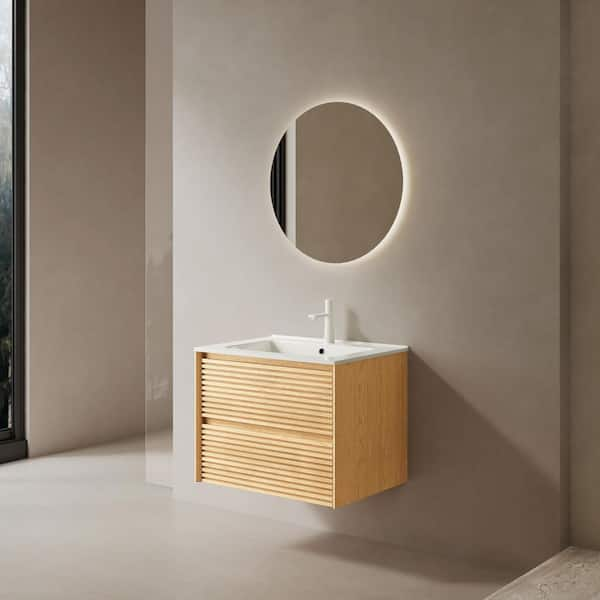 Liory 24.02 in. Single Sink Floating Light Oak Bath Vanity with White Ceramic Top Pre-assembled