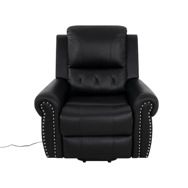 HOMESTOCK Black Studded Air Leather Power Lift Reclining Chair, Recliner Chair with Remote and Footrest