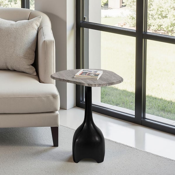 17 in. Beige/Black Marble Accent Table