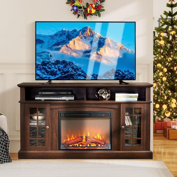 58.25 in. Freestanding Electric Fireplace TV Stand with 23 in. Fireplace Insert, Storage Space, Espresso, 320 sq. ft.