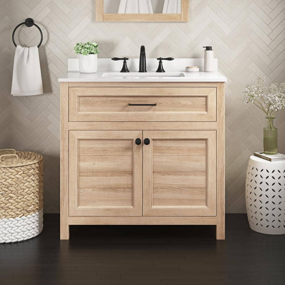 Home Decorators Collection Hanna 36 in. W x 19 in. D x 34 in. H Single Sink  Bath Vanity in Weathered Tan with White Engineered Stone Top Hanna 36WT -  