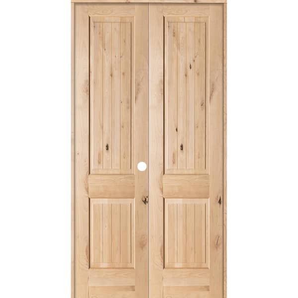 Krosswood Doors 48 in. x 96 in. Rustic Knotty Alder 2-Panel Sq-Top w.VG Left Hand Solid Core Wood Double Prehung Interior French Door