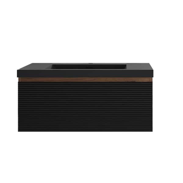 36 in. Wall-Mounted Mature oak Bath Vanity with Matte Black Cultured Marble Top Unassembled