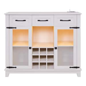 41.73 in. x 15.35 in. x 30.91 in.Vintage White MDF Kitchen Cabinet w/3-Drawer LED Charging Station Wine Rack & GlassDoor