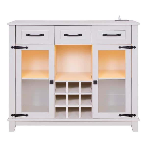 FUNKOL 41.73 in. x 15.35 in. x 30.91 in.Vintage White MDF Kitchen Cabinet w/3-Drawer LED Charging Station Wine Rack & GlassDoor