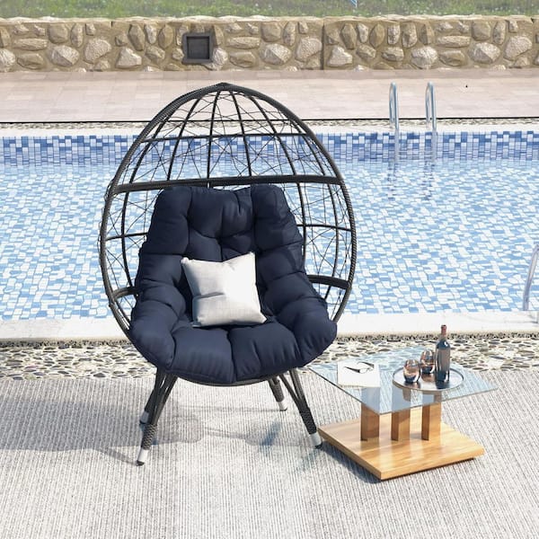Unbranded Oversize Wicker Egg Chair, Outdoor Indoor Recliner Egg Basket Lounge Chair with Blue Large Cushion