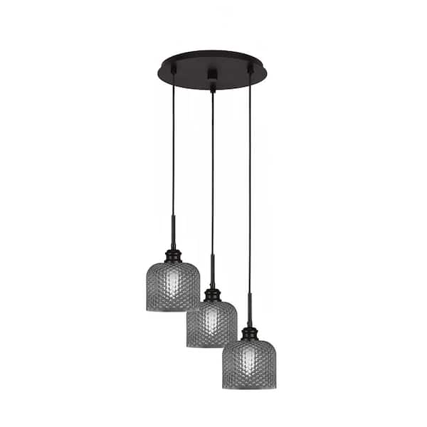 Unbranded Albany 60-Watt 13.5 in. 3-Light Espresso Cord Pendant Light Smoke Textured Glass Shade