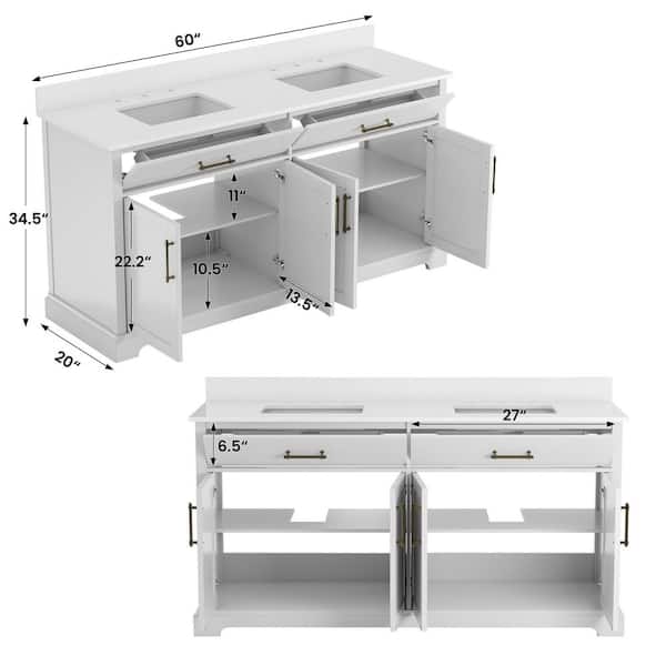 60 in. White Wood Double Sink Freestanding Bathroom Vanity with White Marble Top (Assembled)