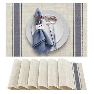 18 in. x 12 in. Blue Stripes Placemats Soft and Elegant Woven Vinyl, Water Resistant and Washable Table Mats Set of 6