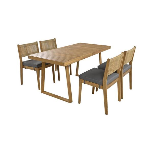 ITOPFOX 5 Piece Acacia Wood Brown Outdoor Dining Table and Chair Set with Gray Cushions for Balcony Courtyard and Garden