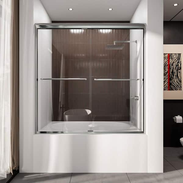 Victory 56 in. W x 60 in. H Sliding Semi-Frameless Tub Door in Silver Finish with Clear Glass