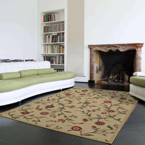 Basics Collection Non-Slip Rubberback Floral Leaves 5x7 Indoor Area Rug, 5 ft. x 6 ft. 6 in., Beige