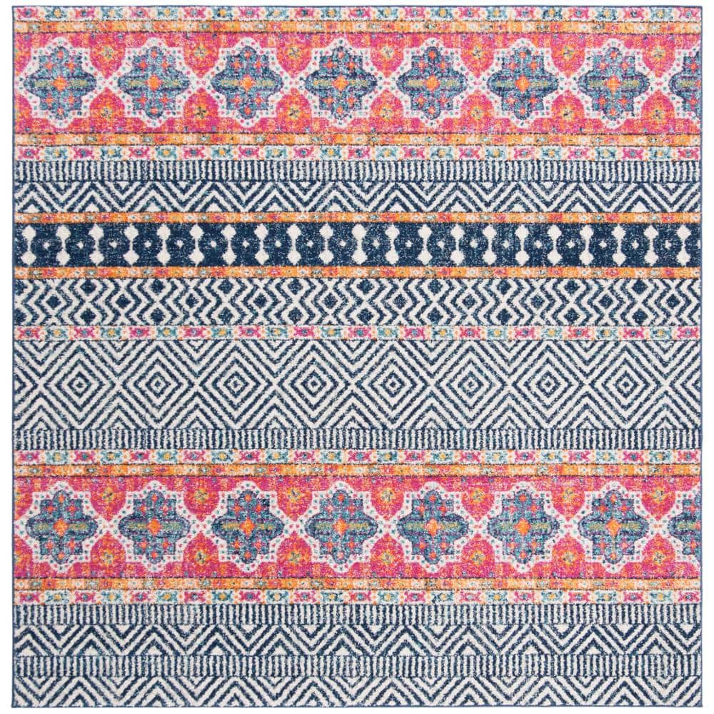 Navy and Ivory Bohemian Square Synthetic Area Rug