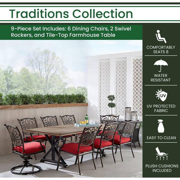 Hanover Traditions 9 Piece Aluminum Outdoor Dining Set with Red