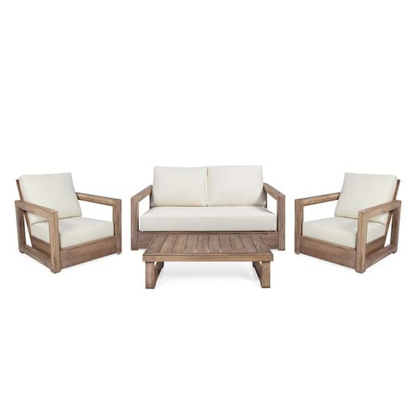 Noble House Westchester Brown 4-Piece Wood Outdoor Patio Conversation Set with Beige Cushions