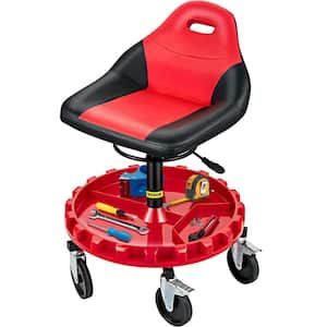 Rolling Shop Stool 300 Lbs. Load Garage Mechanic Seat 21 to 26 in. Height with Swivel Casters Tool Tray for Workshop,Red