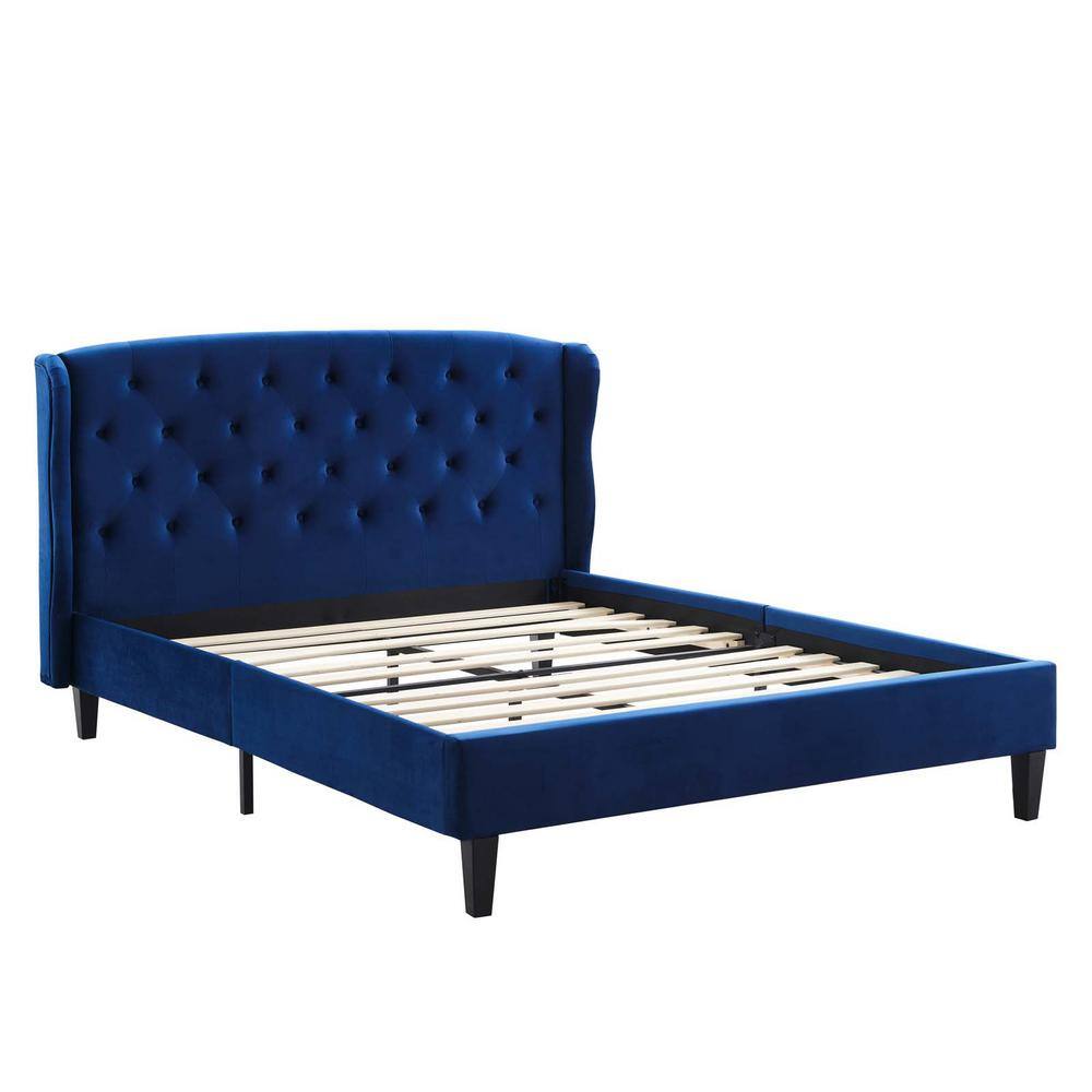 Navy Velvet Tufted Upholstered Queen Bed with Wood Frame