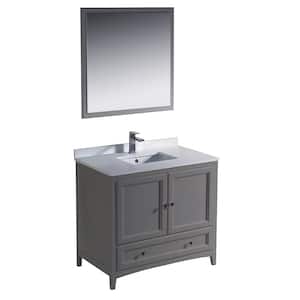 Oxford 36 in. Traditional Bathroom Vanity in Gray with Quartz Stone Vanity Top in White with White Basin and Mirror