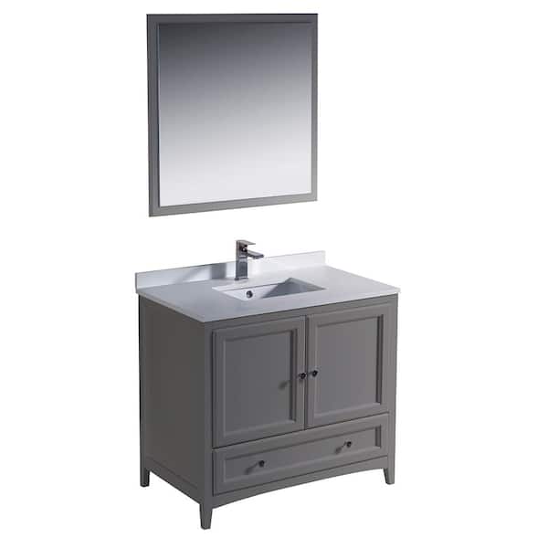 Fresca Oxford 36 in. Traditional Bathroom Vanity in Gray with Quartz Stone Vanity Top in White with White Basin and Mirror