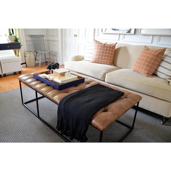 Homepop Draper Light Brown Faux Leather Large Decorative Bench/Ottoman with Button Tufting 18 in. H x 57.50 in. W x 27.75 in. D