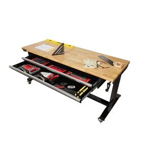 62 in. Adjustable Height Workbench Table with 2-Drawers in Black