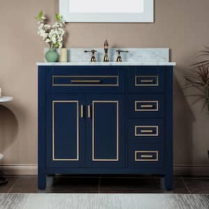 Millan 37 in.W x 22 in.D x 38 in.H Bath Vanity in Navy Blue with Marble Vanity Top in White with White Sink
