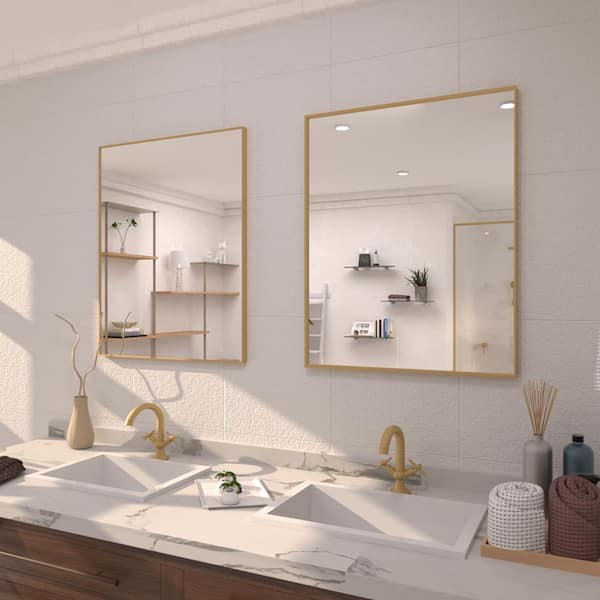 24 in. W x 30 in. H Rectangular Framed Wall Bathroom Vanity Mirror in Brushed Gold