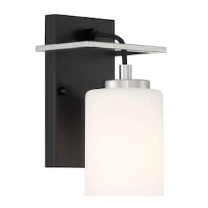 Prince St. 6 in. 1-Light Matte Black Modern Wall Sconce with Etched Opal Glass Shade and Polished Nickel Accents