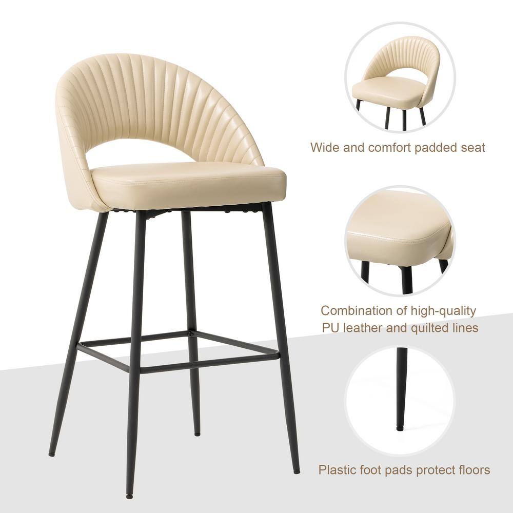 Set of 2 Cream Quilted Leatherette Bar Stools with Metal Legs