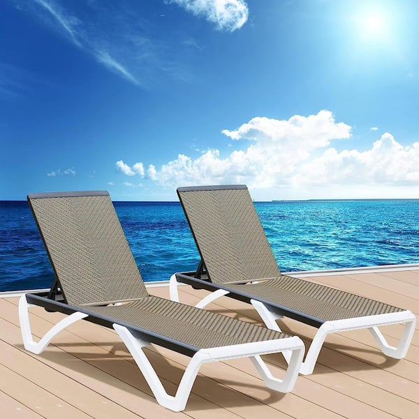 Cesicia Adjustable White Frame 2-Piece Metal Outdoor Chaise Lounge with Wicker Seat in Brown