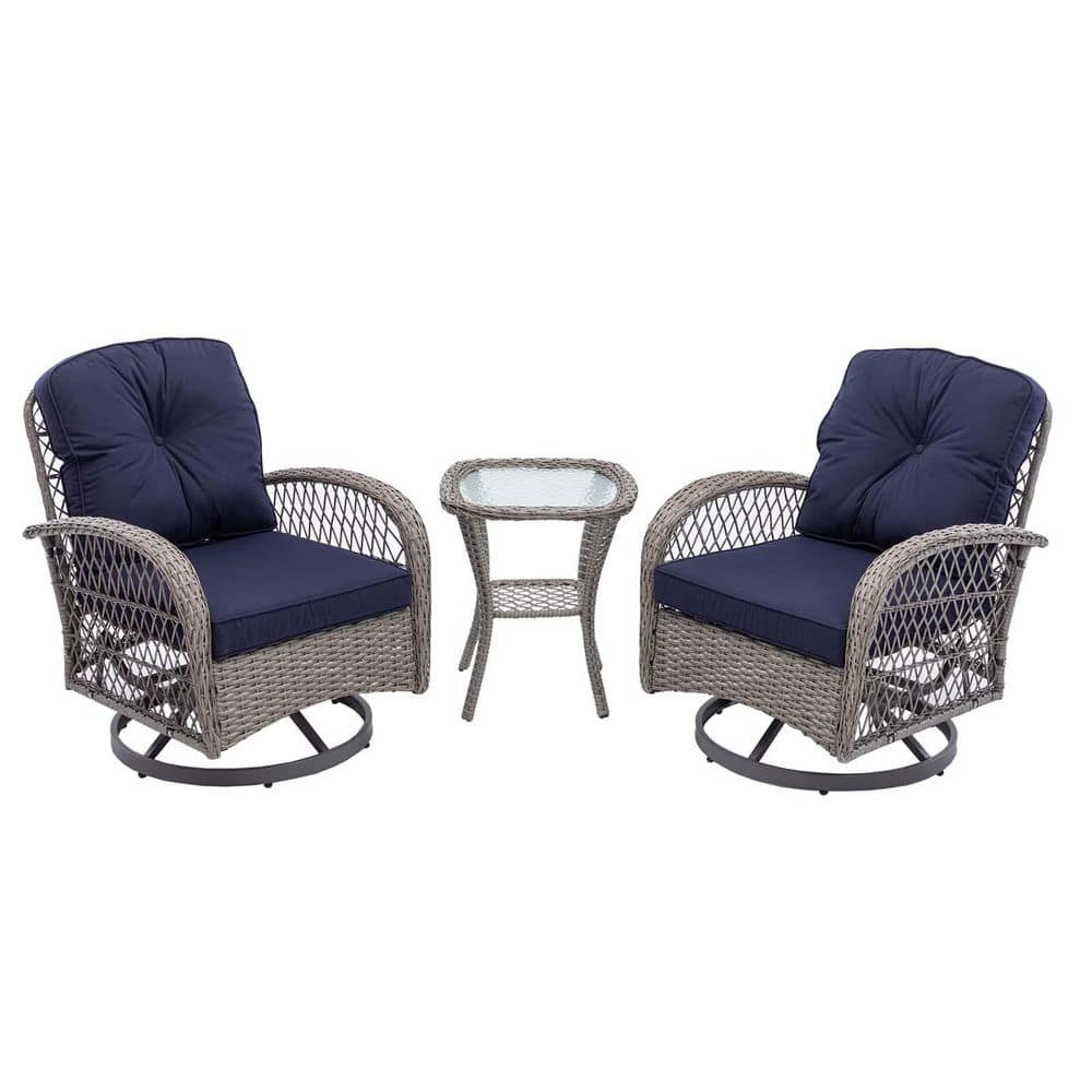 Navy Blue 3-Piece Metal Patio Conversation Set, Wicker Swivel Rocking Chair