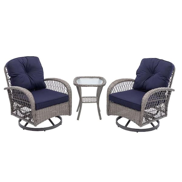 Unbranded Navy Blue 3-Piece Metal Patio Conversation Set, Wicker Swivel Rocking Chair Set with Glass Top Coffee Table for Patio
