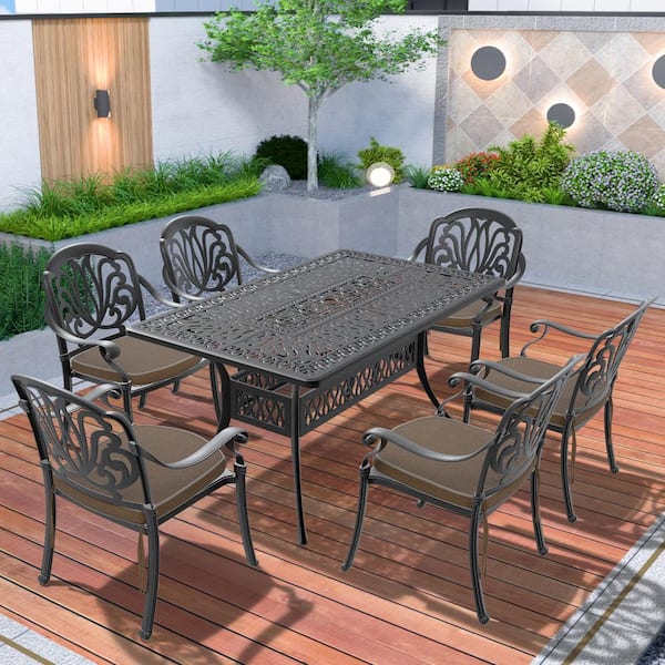 Elizabeth 7-Piece Cast Aluminum Outdoor Dining Set with 58.27 in. x 34.65 in. Rectangular Table and Brown Cushion