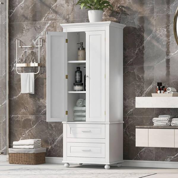 24 in. W x 12 in. D x 32 in. H White Bathroom Linen Cabinet Freestanding Storage Cabinet with 3 Drawers 1 Door