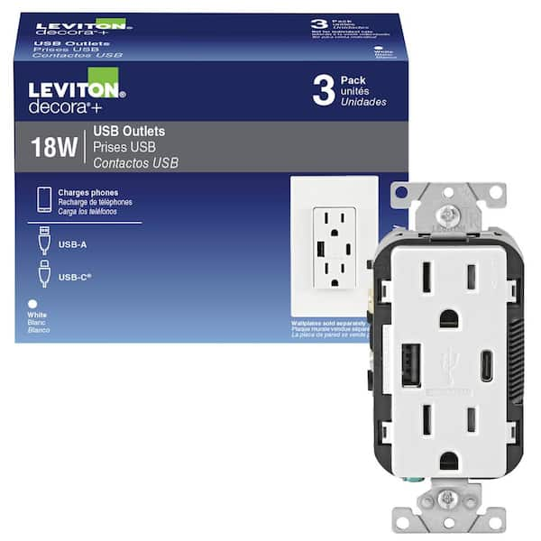 Decora White 15 Amp Tamper Resistant Duplex Outlet with USB Charger Type A/C 3.6 Amp 18-Watt Outlet (3-Pack) T5638-B3W