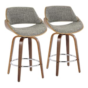 Fabrizzi 25 in. Grey Fabric, Walnut Wood and Chrome Metal Fixed-Height Counter Stool with Round Footrest (Set of 2)