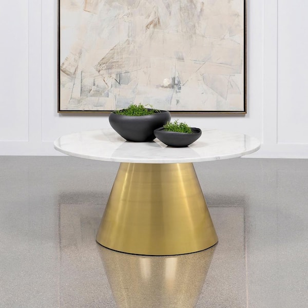 Avon 36 in. in White and Brushed Gold Round Marble Top Coffee Table with Conical Base