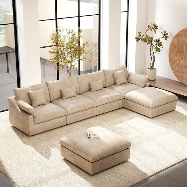 Washable Covers 156 in. Square Arm 6-Piece Linen U-Shaped Sectional Sofa Modular Cloud Couch with 2 Ottomans in. Khaki