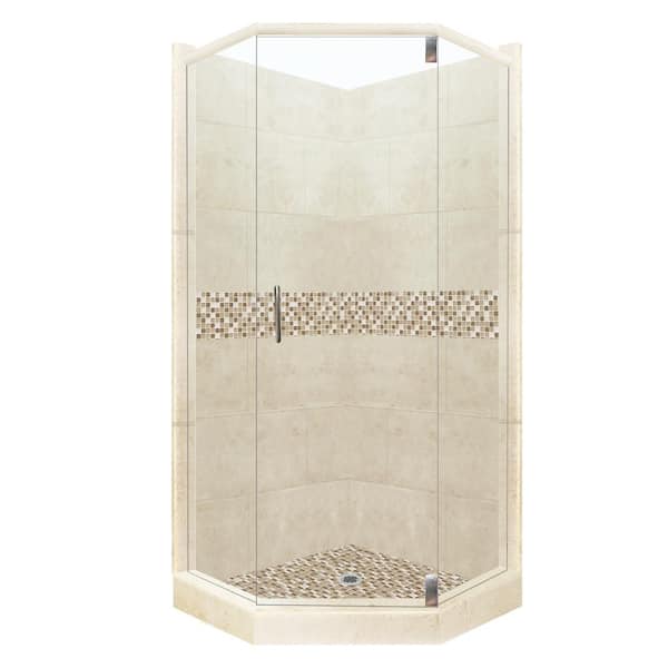 American Bath Factory Roma Grand Hinged 42 in. x 48 in. x 80 in. Right-Cut Neo-Angle Shower Kit in Desert Sand and Satin Nickel Hardware