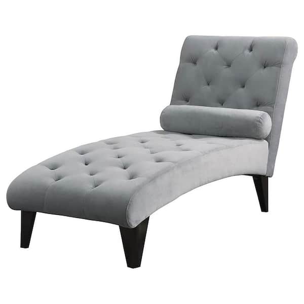 Coaster Daniel Gray Velour Microfiber Tufted Chaise Lounge with Small Bolster Pillow