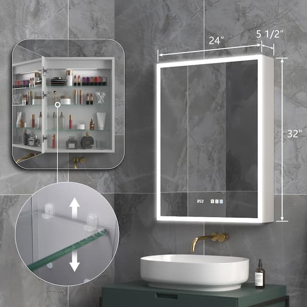 24 in. W x 32 in. H Silver Aluminum Recessed or Surface Mount Left Medicine Cabinet with Mirror LED and Clock